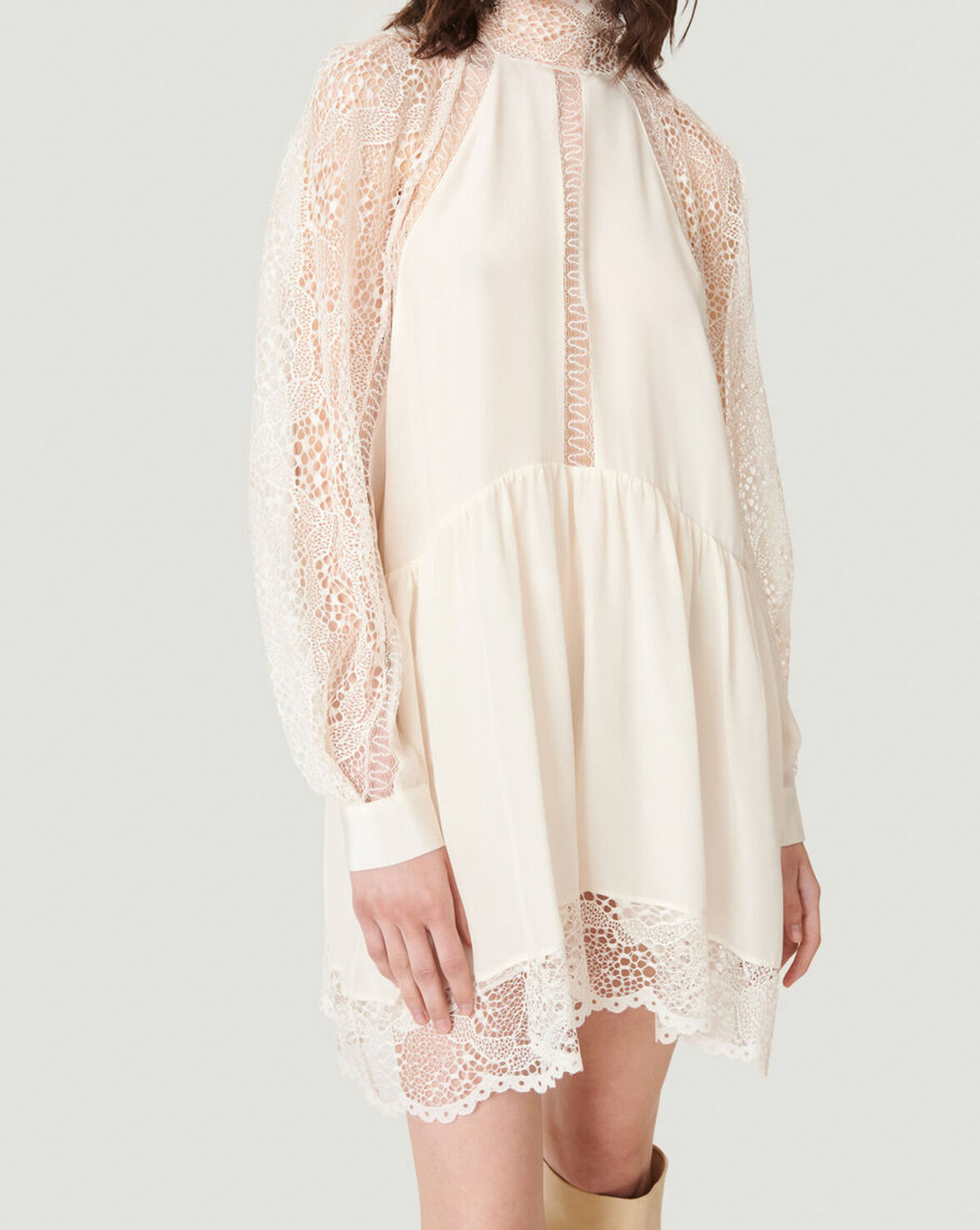 DEORRO LACE PUFF SLEEVE HIGH NECK MINI DRESS image number null